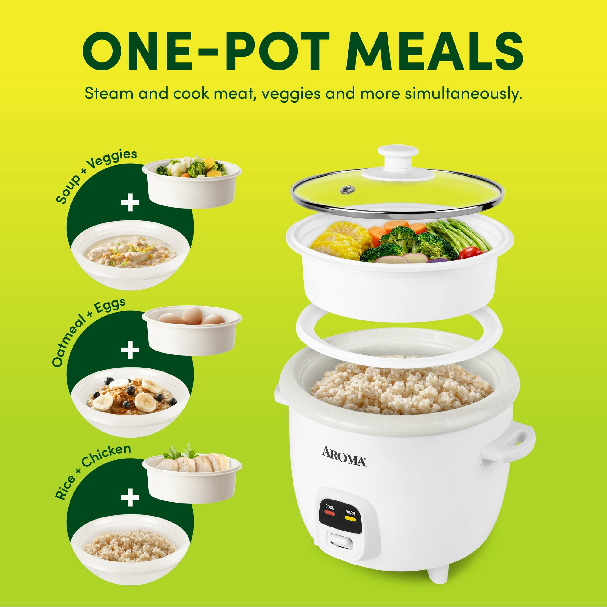 Restored AROMA® 6-Cup Rice Cooker & Food Steamer with Bonded Granite® Nonstick Ceramic & Pop-Up Steam Tray - White (Refurbished)