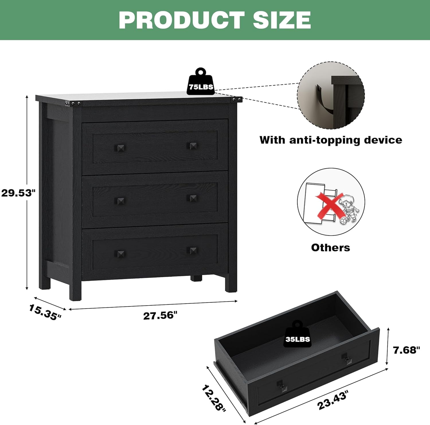 FANRAL 3 Drawers Dresser for Bedroom,Small Dresser Modern Chest of Drawers with LED Open Shelf,Wood Closet Clothes Organizer Storage Cabinet,Black Dresser