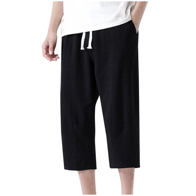 Diufon Men's Wide Leg Capri Pants Cotton Linen Drawstring Waist Loose Pant Solid Color Trousers with Pockets