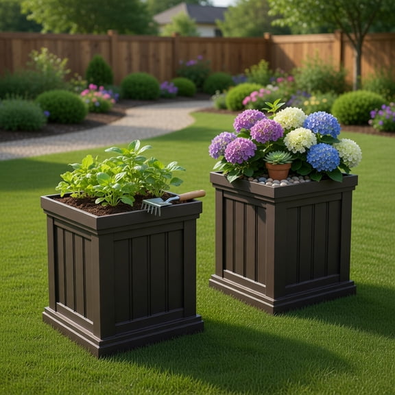 Resenkos 2-Piece Square Plastic Planter Set with Drainage Holes – Light Brown Nesting Flower Pots for Indoor & Outdoor Plants, Small & Large (14" x 14" x 19" & 11" x 11" x 12.5")