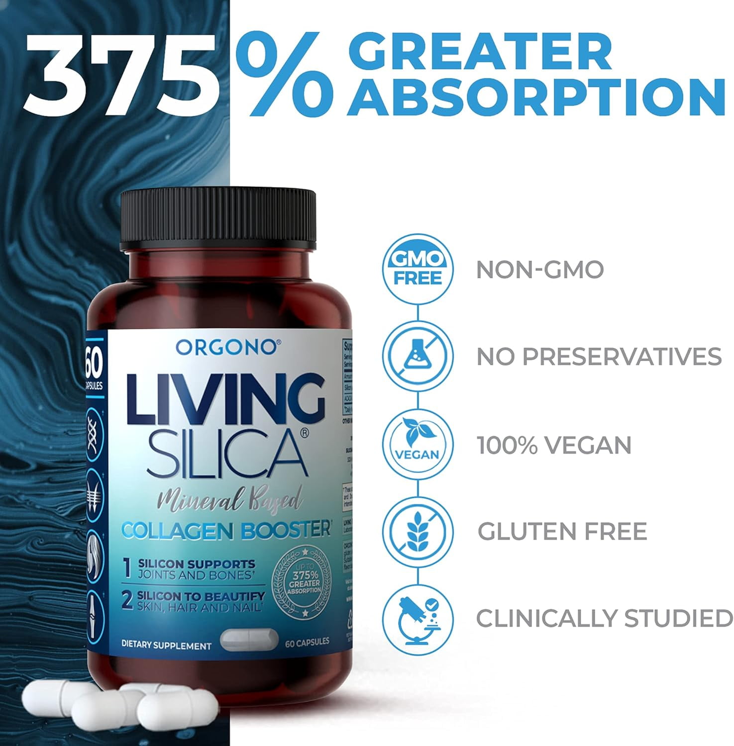 Orgono Living Silica, Collagen Booster for Hairs, Nails, Bones & Joints 60 Caps