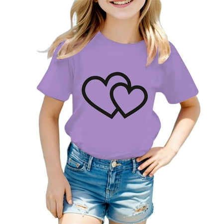 Angala Child T Shirts Short Sleeve Crew Neck Hearts Print Summer Classic Fit Comfortable Stretchable Breathable Cute Outdoor Party Casual Toddler Girls Tees Size 7-8 Years Purple