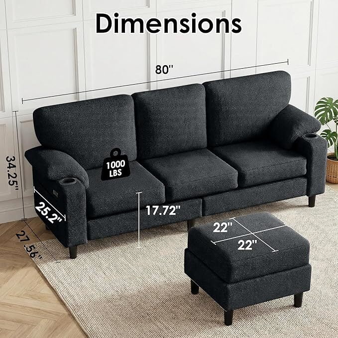 Howcool 80" Convertible Sectional Sofa Couch, L-Shaped Loveseat with Storage Ottoman, USB Ports, Cup Holders & Deep Seats, Modern Teddy Fabric Couch for Apartment Living Room Small Space, Black