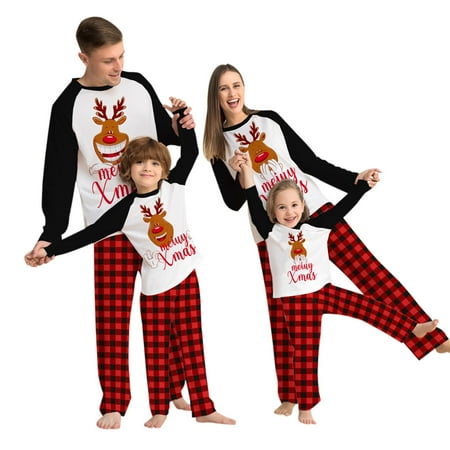

Family Christmas Pajamas Matching Sets Cute Printed Top + Plaid Pants Sleepwear Holiday PJs for Women/Men/Kids/Couples
