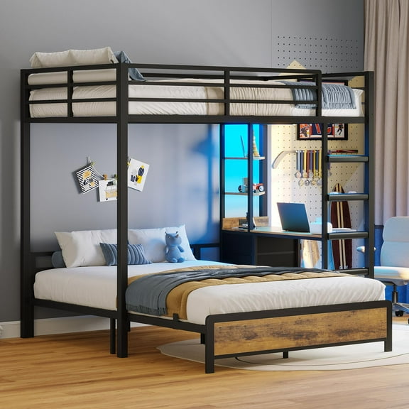 Twin Over Full Bunk Bed with Desk & Charging Station & LED Lights,Bunk Beds Twin Over Full Size Loft Bed with 4 Storage Drawers & Shelves, with Safety Guardrail & Ladder,Brown