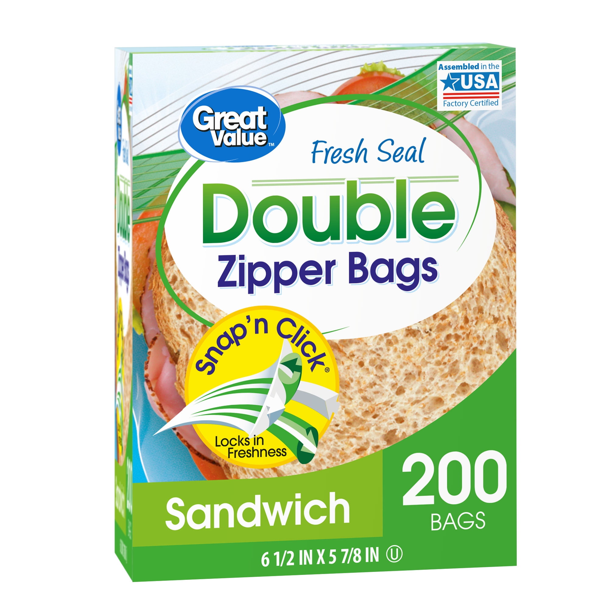 Great Value Double Zipper Sandwich Bags, 200 count