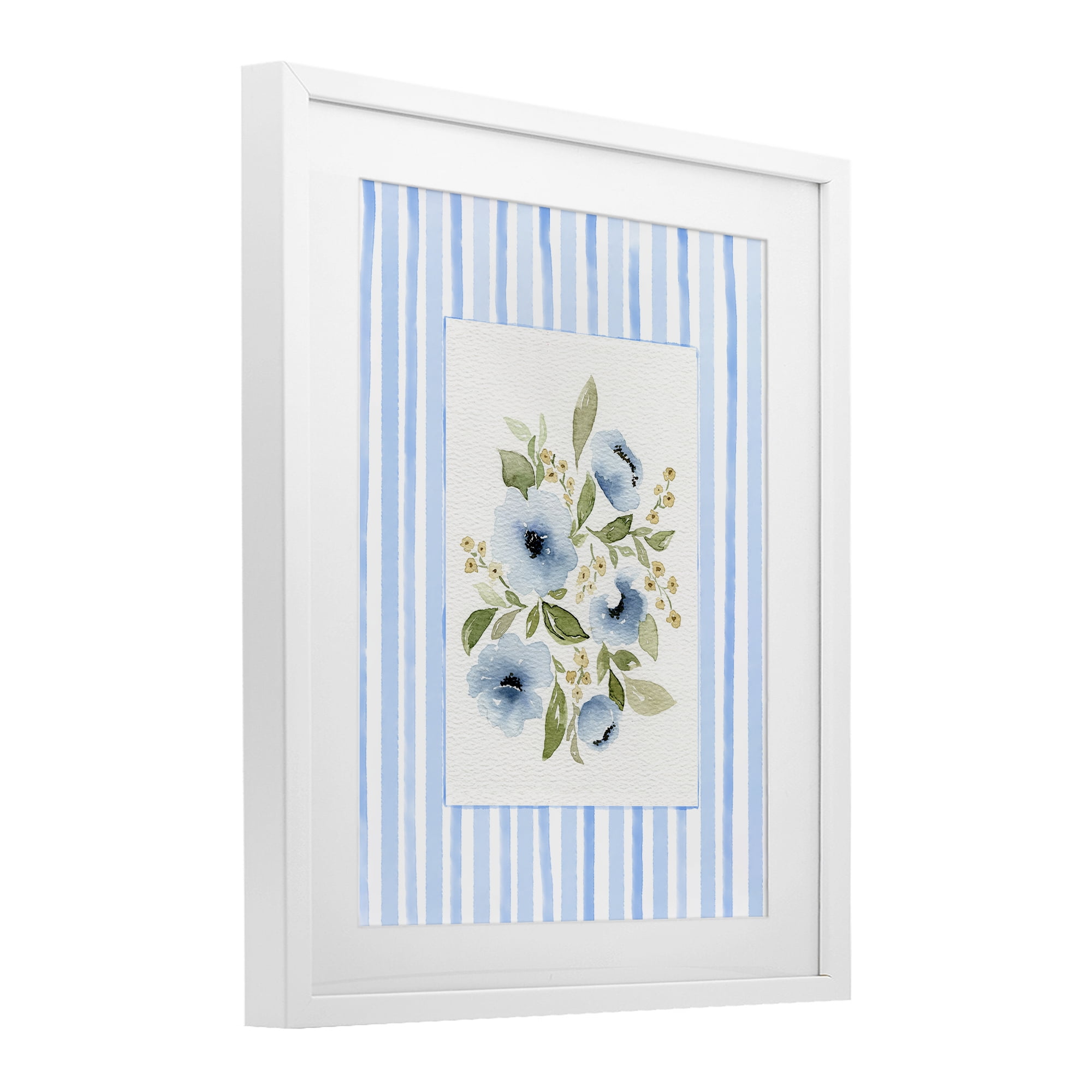 Stupell Industries Flowers with Blue Stripes White Framed Print Under Glass, design by Leah Noel Art