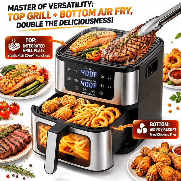 Sear on Top – Air Fryer with Grill Combo, 7.5QT Dual-Cooking Design for Steak, Wings & Fries, 8 Presets multifunctional , 1450W Heating, Viewing Window
