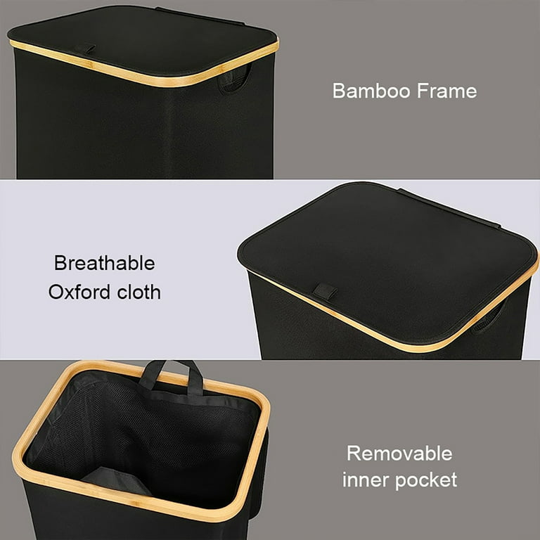 FOUKUS 100L Foldable Laundry Basket with Lid, Bamboo Handles