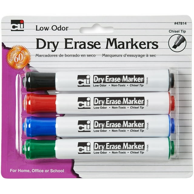 Charles Leonard Dry Erase Markers, Chisel Tip, Assorted Colors, 4 Count