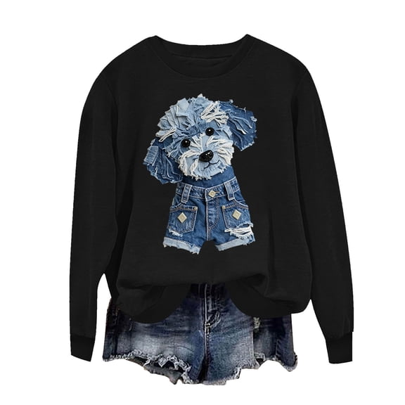 HAPIMO Women's Fashion Basic Shirts Cute Funny Dog Sheep Animal Print Sweatshirts Mid-Length Long Sleeve Tops Casual Crewneck Pullover Blouses Black L