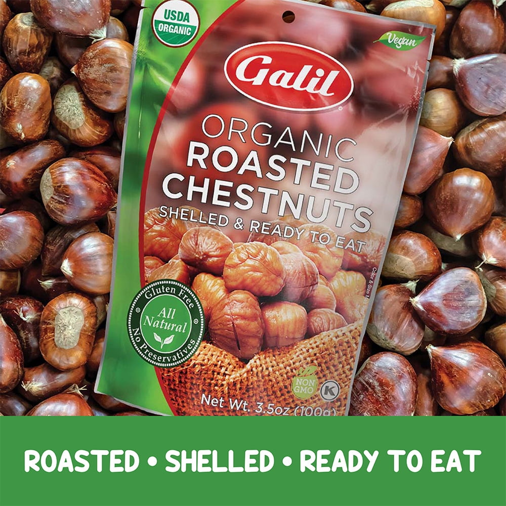 Galil Ready-to-Eat Organic Roasted Chestnuts, Gluten Free and Shelled, 3.5 oz, 24-Pack