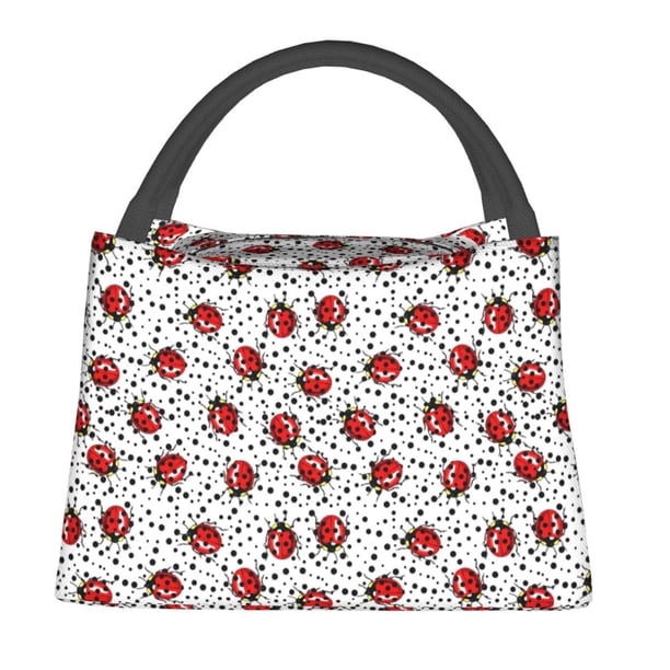 Easygdp Red Ladybugs On Black Dotted Bolsa de Almuerzo Insulada Reutilizable, Bolsa de Mano y Bandolera para Oficina, Trabajo, Viajes