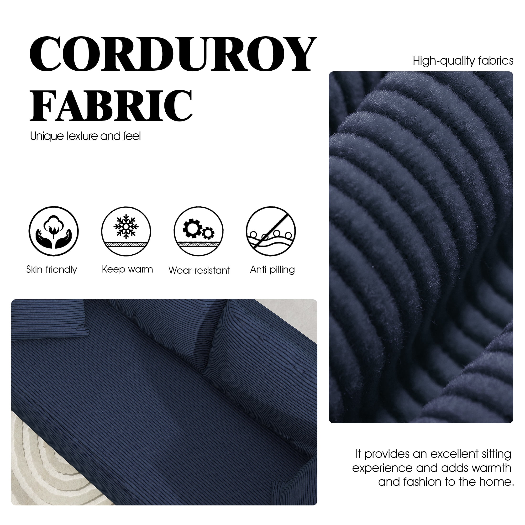 DEALTOPS 88" Loveseat Sofa, 3 Seater Pure Sponge Foam, Corduroy for Living Room, Easy Assembly，Blue