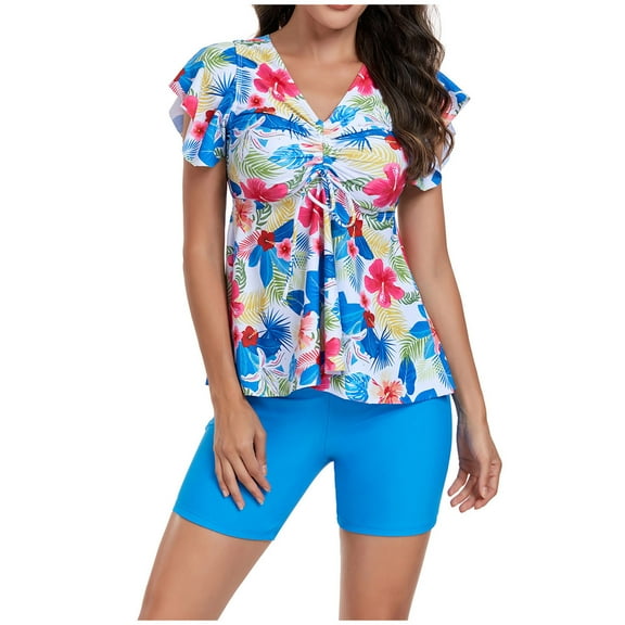 WXLWZYWL Ladies Fashion Multicolor Leaf Flower Print Short Sleeve Women Swimsuit Swimming Trunks Set