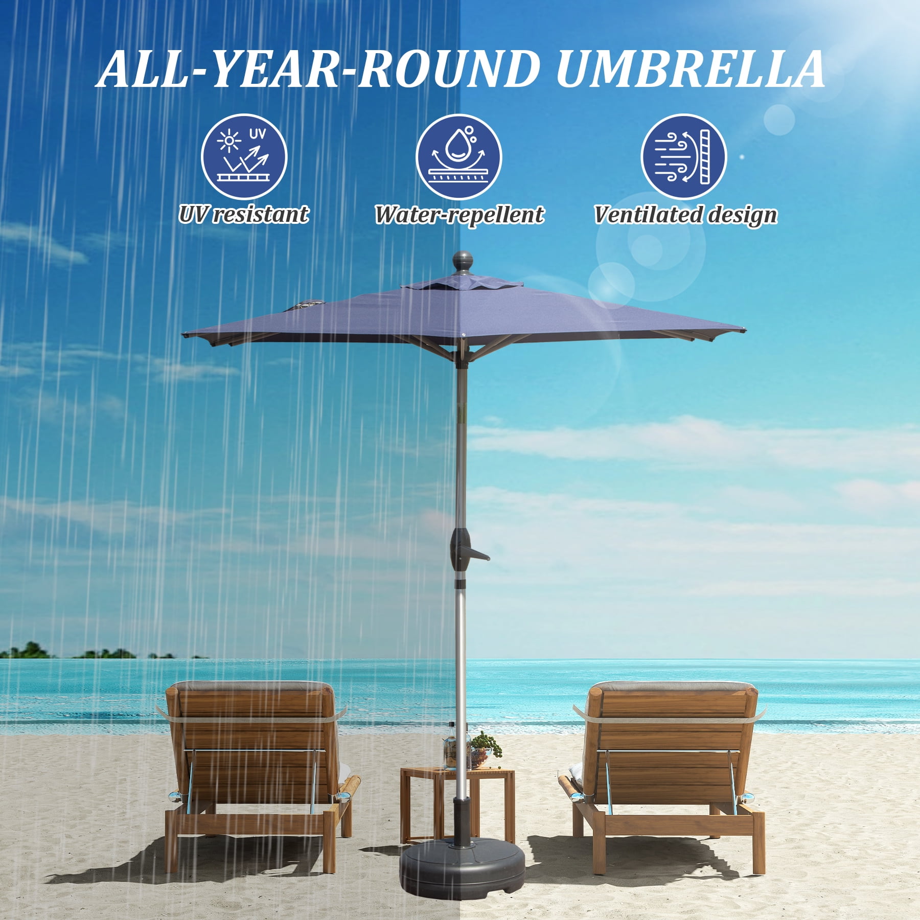 Patio Dining Umbrella, Crank Tilt Adjustable Outdoor Rectangular Umbrella for Garden Table Chaise Lounge Poolside, Navy Blue