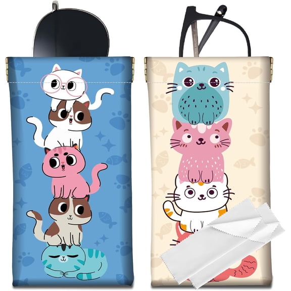 2Pcs 2 Styles Cat Eyeglasses Case Animal Glasses Case PU Leather Soft Portable Waterproof Slim Squeeze Sunglasses Holder Pouch Bag