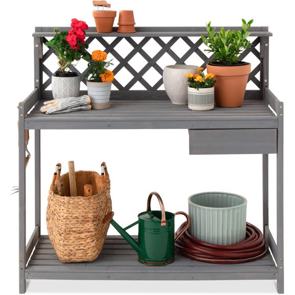 YYEAN Outdoor Garden Potting Bench, Wooden Workstation Table w/Cabinet Drawer, Open Shelf, Lower Storage, Lattice Back-Gray