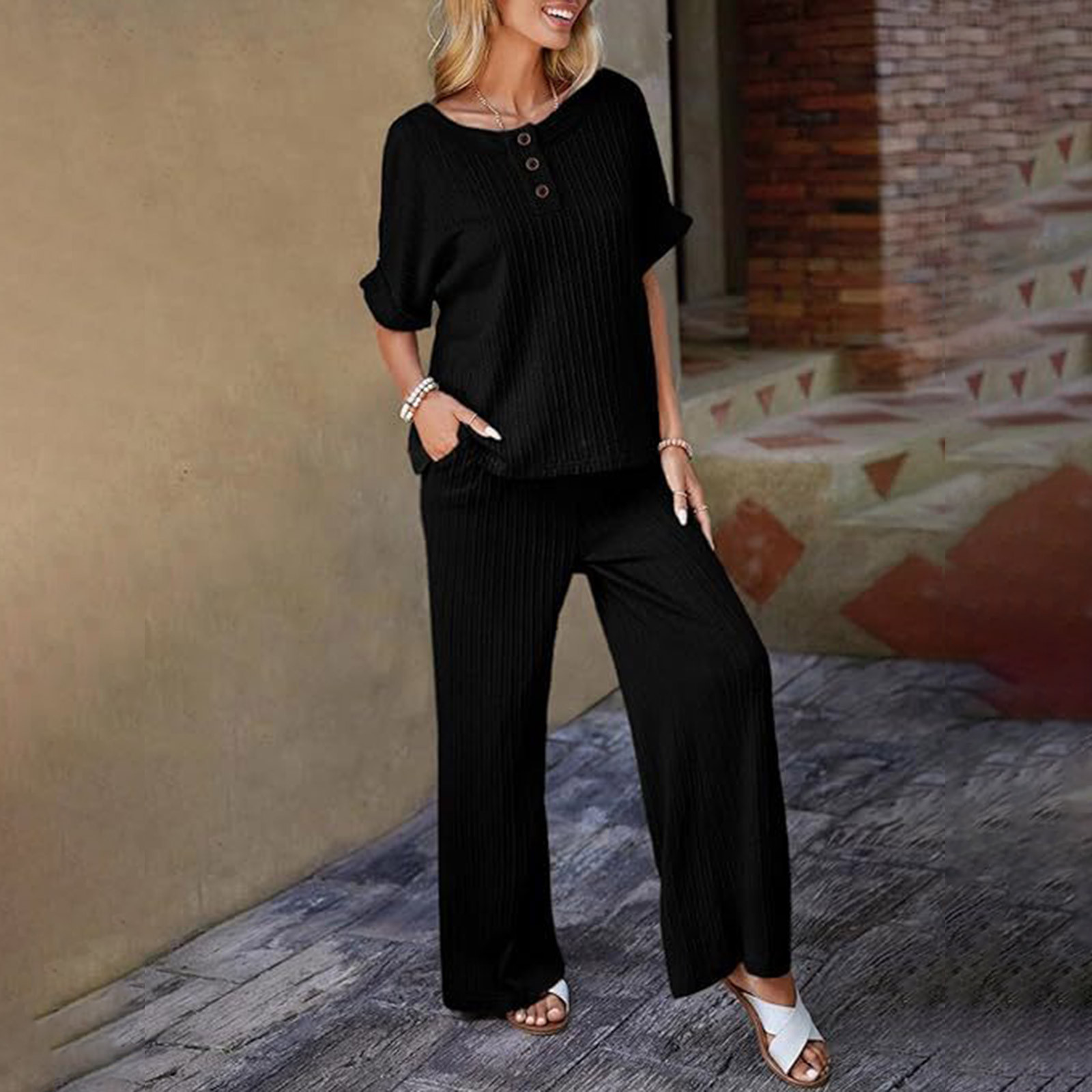 2 Piece Sets for Women Shorts Summer Two Piece Sets for Women Solid Color Round Neck Short Sleeve Tops And Pants Sets With Pockets