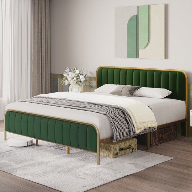 HAEMORE Full Size Upholstered Bed Frame with Velvet Headboard, Golden