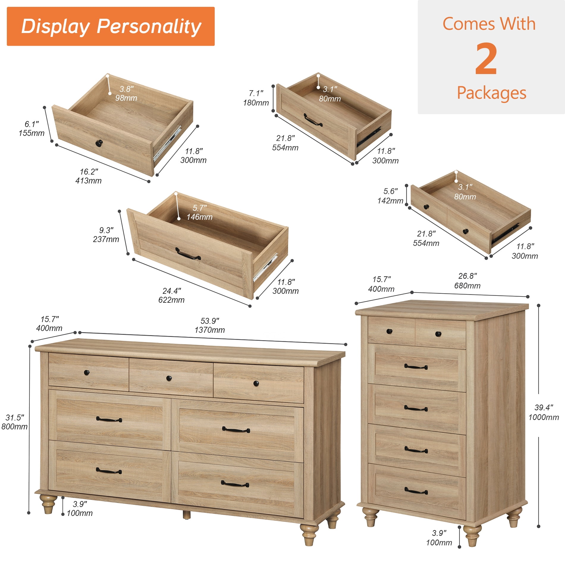 2 Piece Dresser Set, 7 Drawer Dresser & 5 Drawer Dresser, Wooden Storage Organizer for Bedroom Living Room, Oak