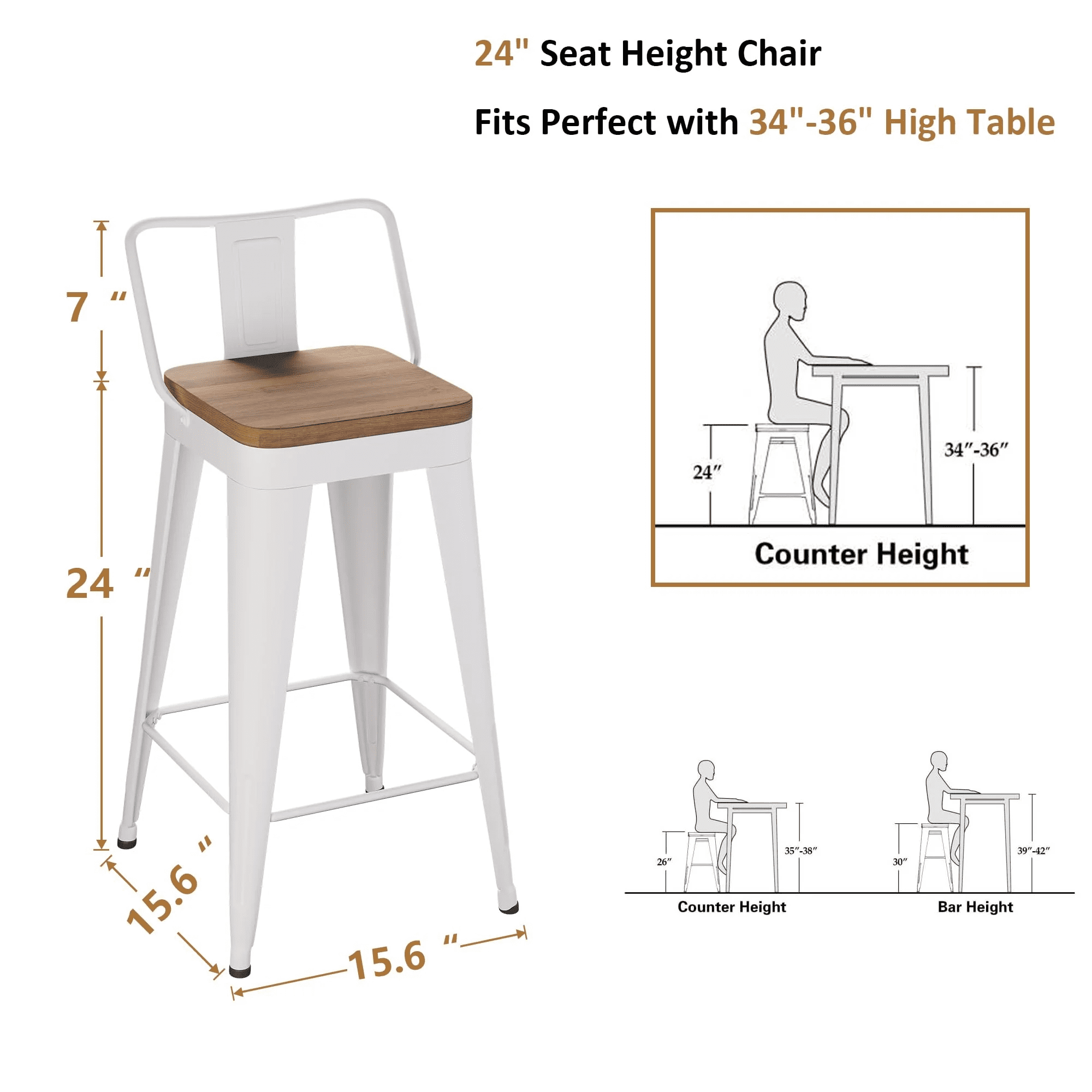 Andeworld 24" Bar Stools with Back Counter Height Stool with Wood Seat Metal Bar Stools, set of 2