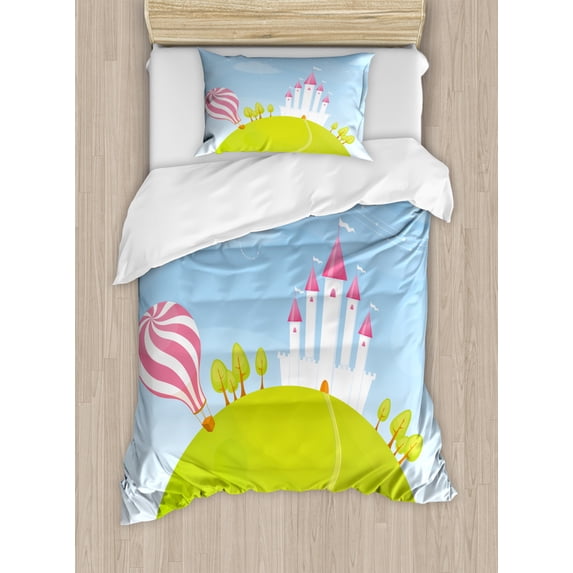 Cartoon Duvet Cover Set Twin Size, Fantasy Castle on Top of the Hills and Hot Air Balloon in Sunny Sky Day Kids Art, Decorative 2 Piece Bedding Set with 1 Pillow Sham, Multicolor, by Ambesonne