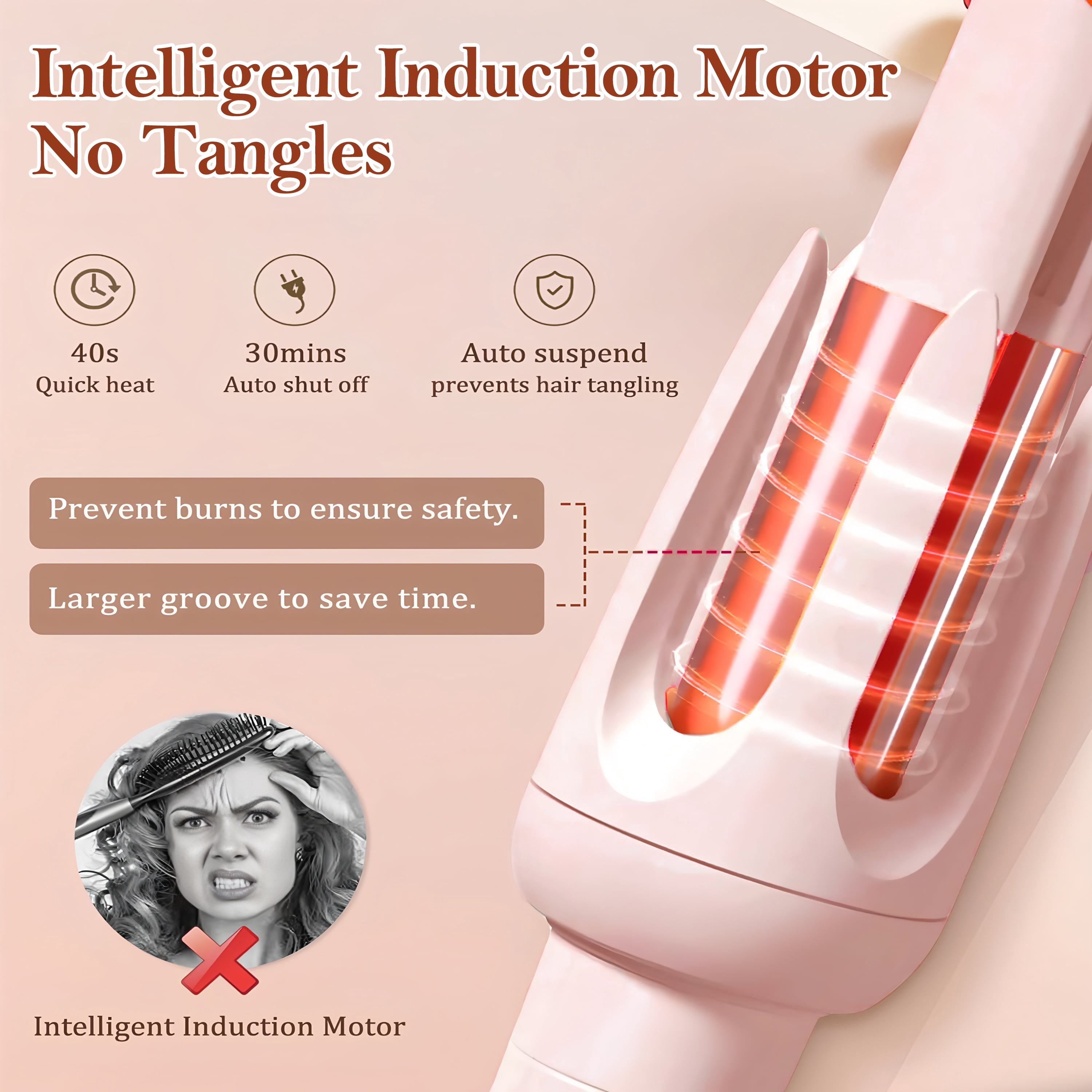 Moremore 1.10 in Automatic Curling Iron, Electric Curling Wand, Anti-Tangle Rotating Ceramic Hair Curler, Negative Ionic, Pink