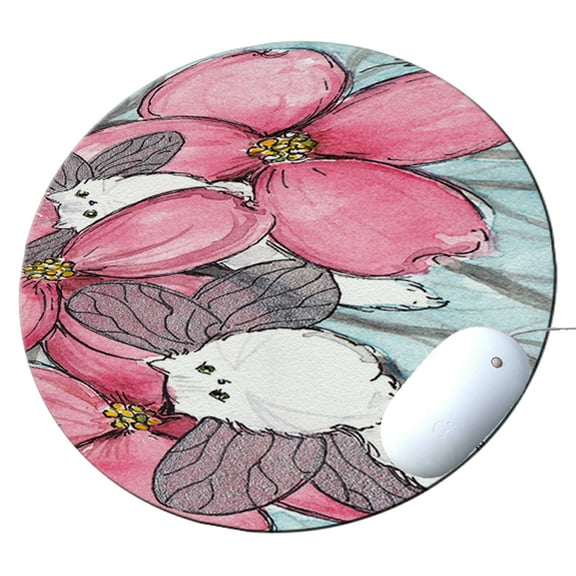 KuzmarK Round Mousepad / Hot Pad / Trivet - Chinchilla Silver Persian Kitty Fairies with Pink Dogwood Cat Art by Denise Every