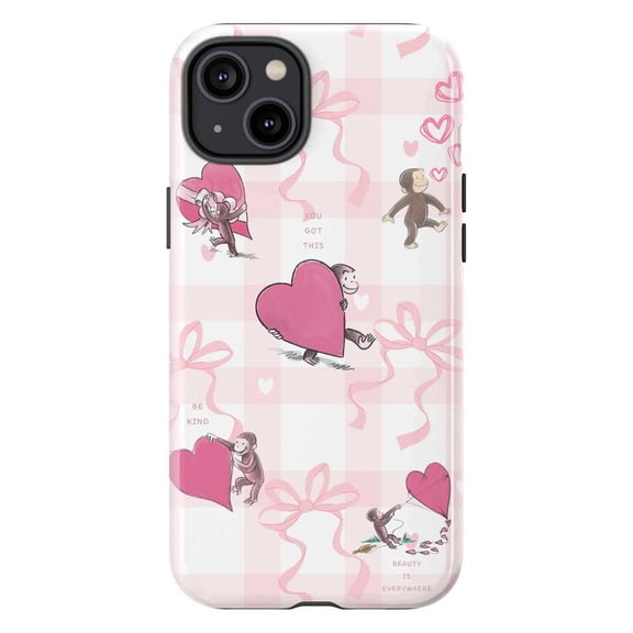 Sweet Curious Monkey Love Collage Phone Case, Trippy Pink Heart Bow Gingham Aesthetic Protective Cover for iPhone 16 15 14 13 12 11 Pro Max Plus Mini