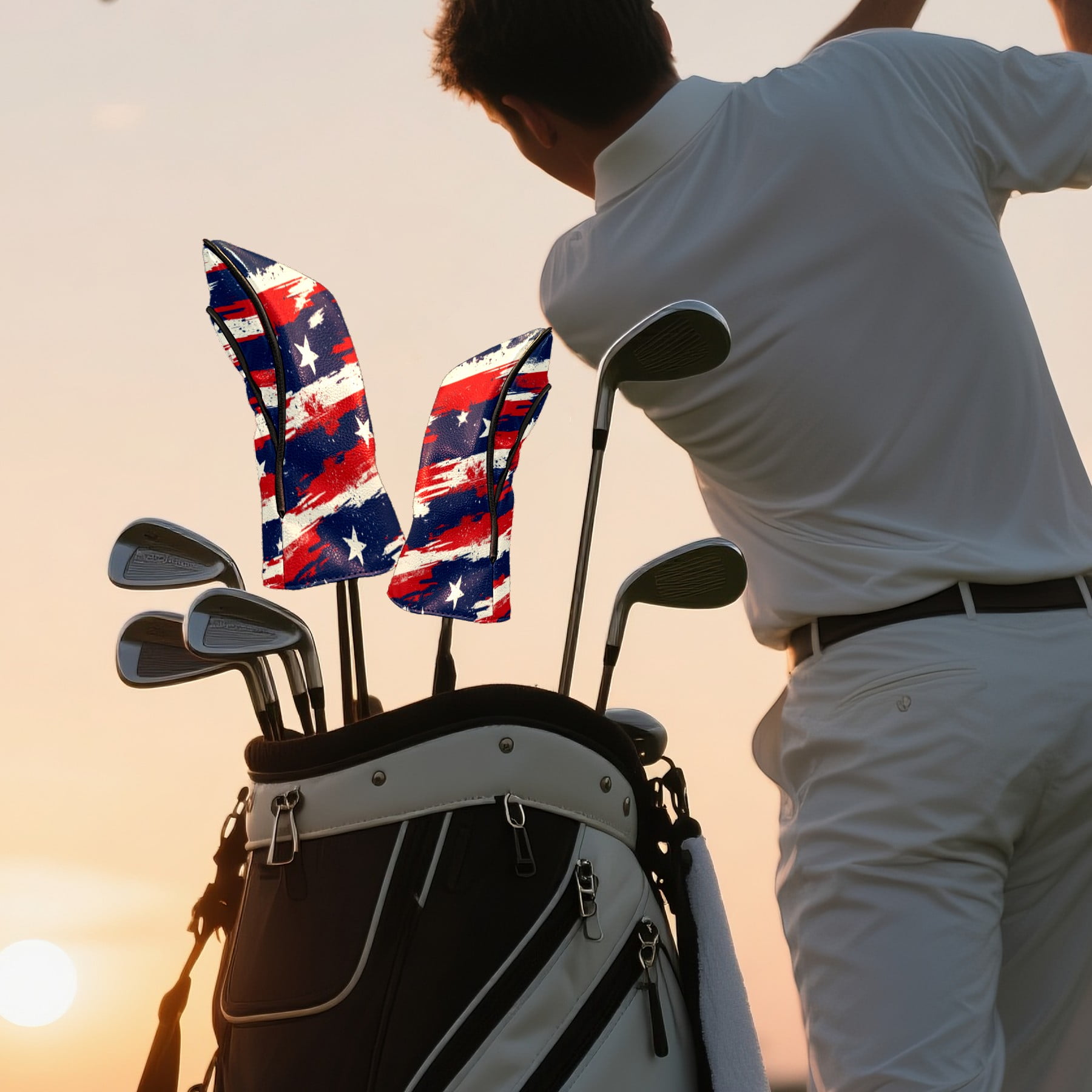 Golf Club Head Cover Waterproof Leather Golf Accessories HeadCovers Set Driver Headcover for Women Men USA Flag Brush Pattern