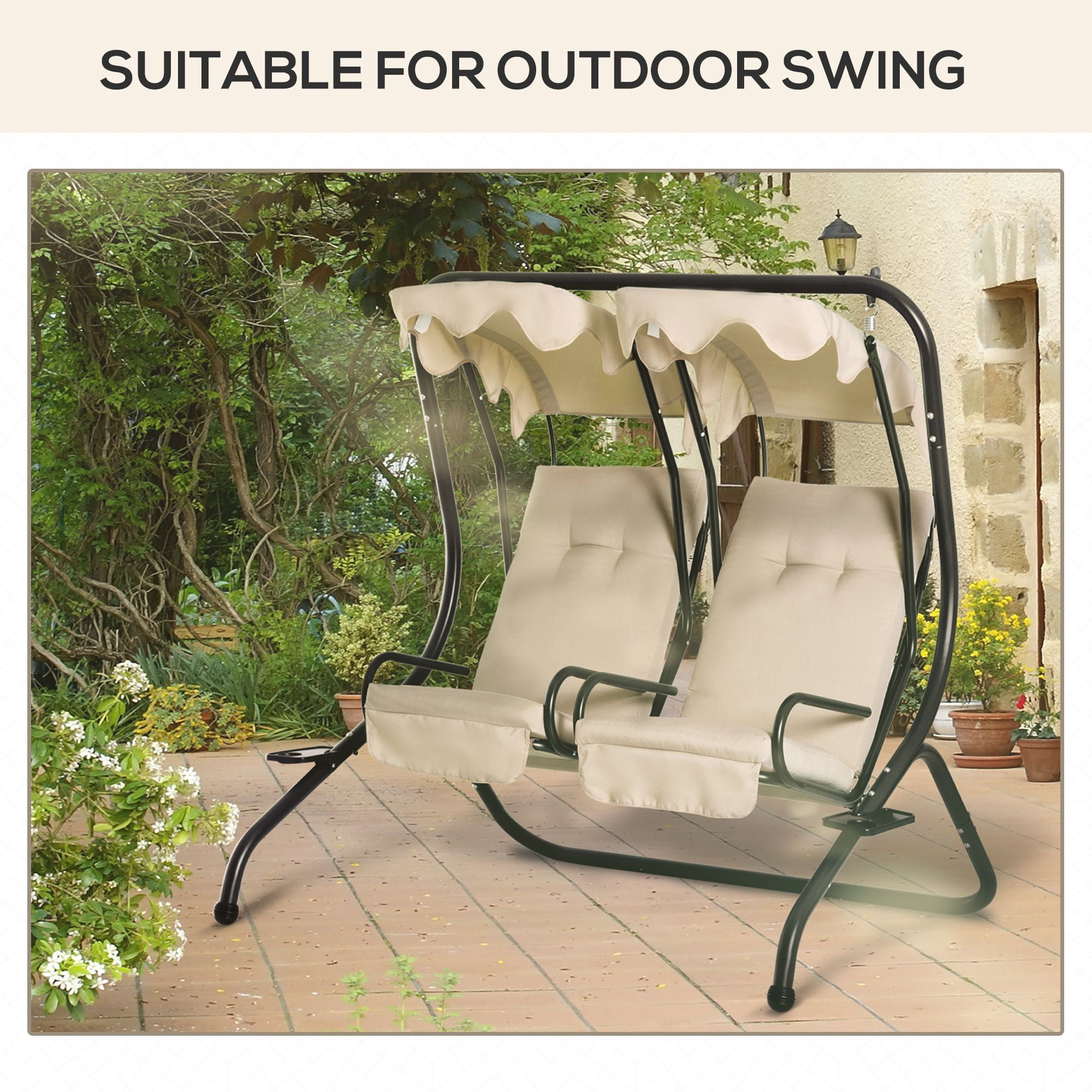 Outsunny 2-Piece Beige Outdoor Porch Swing Cushion Set, Tufted Polyester Seat and Backrest Replacement Cushions with Foam, 48.75" L x 21.75" W for Patio Furniture and Gardens