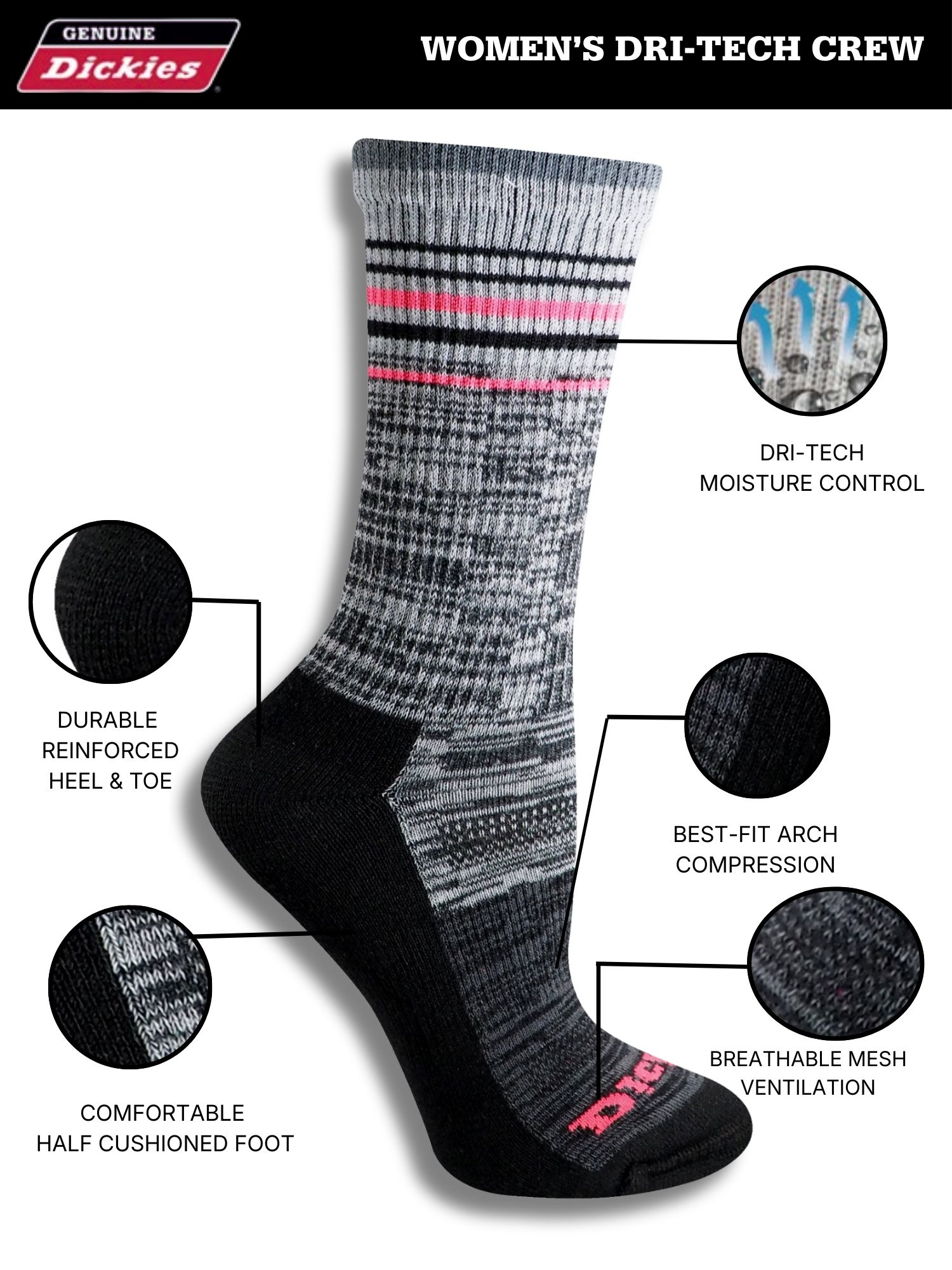 Genuine Dickies Women's Dri-Tech Striped Asst Crew Socks, 5-Pack