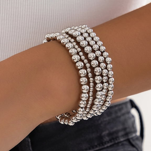 5Pcs 5 Styles Brass CCB Beaded Stretch Bracelet Set Silver Inner Diameter: 7-1/8 inch(18cm)