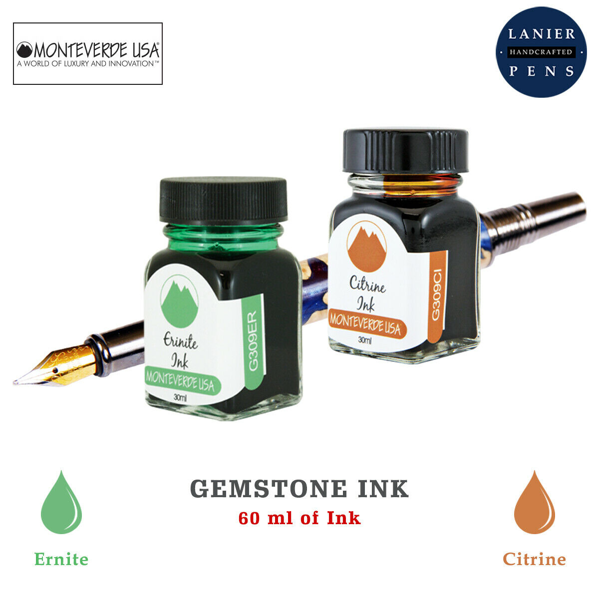 Monteverde 60ml Gemstone Fountain Pen Ink Bottle (30ml Erinite Ink Bottle G309ER, 30ml Citrine Ink Bottle G309CI)