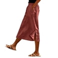 thumbnail image 2 of Women's Cotton Linen Midi Skirt Elastic Waist Side Button Split Pockets Solid Color Casual A-Line Mid-Calf Skirt 07-Vermilion XXL, 2 of 5