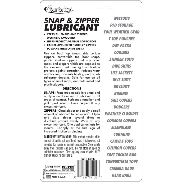Star Brite 89102 Snap-Zipper Lubricant Tube Teflon PTEF Non-Toxic Boat Marine Star Brite 89102 Snap-Zipper Lubricant Tube Teflon PTEF Non-Toxic Boat Marine