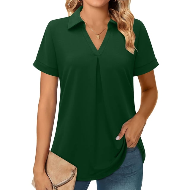 Plebaso Women's Shirts Collared Short Sleeve Casual Tops Button down Pullover Business Shirts for Work