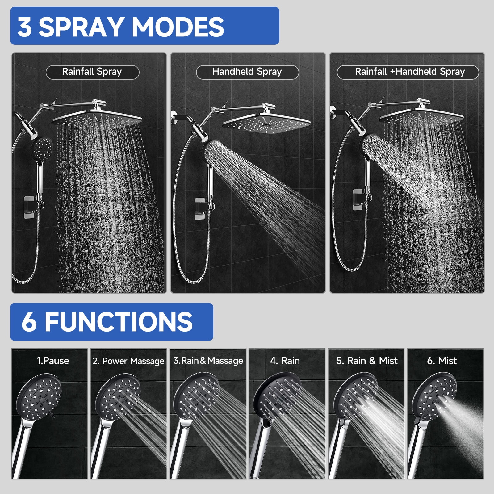 Ophanie 12 Inch Coverage High Pressure Rain Shower Head Combo with Adjustable Extension Arm, Wide Rainfall & 5 Modes Handheld Showerhead, Dual Anti-Clog Nozzles for Ultimate Experience, Silver Chrome