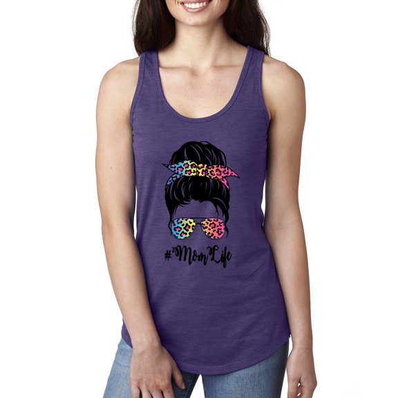 Mom Life Messy Hair Bun | Tie Dye Leopard Print Bandana | Funny Mother's Day Mother's Day Ladies Racerback Sleeveless Top, Purple Rush, M