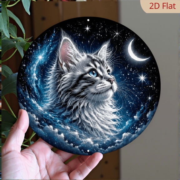 The Cat Appears Enchanting And Dreamy in The Starry Sky Vintage Aluminum Sign, Wall Decoration (8x8In, 20x20Cm) Rustic Wall Decor Sign for Men'S Den, Garage Backyard Entertainment, Decorati