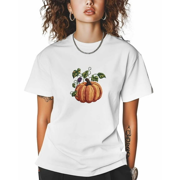 T Shirts for Women Short Sleeve Cotton Crewneck T-Shirt, Orange Embroidered Pumpkin Tee Tops Casual Basic T-Shirts, XS-5XL White M