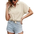 thumbnail image 2 of Camisa de mujer Ticfox de color liso camiseta de manga corta con botones Algodón S M L XL 2XL, 2 of 5