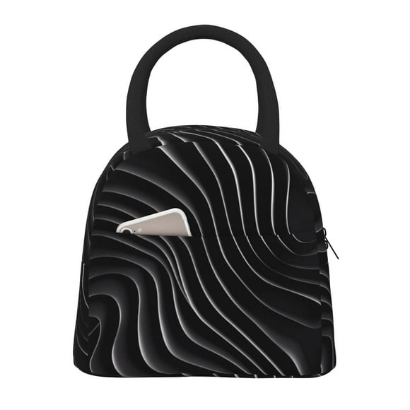 Easygdp Abstract Black And White Waves Bolsa de Almuerzo Insulada Grande, Forro de Aluminio, Diseño Espacioso, a Prueba de Fugas, Ideal para Trabajo, Picnics, Viajes y Actividades al Aire Libre