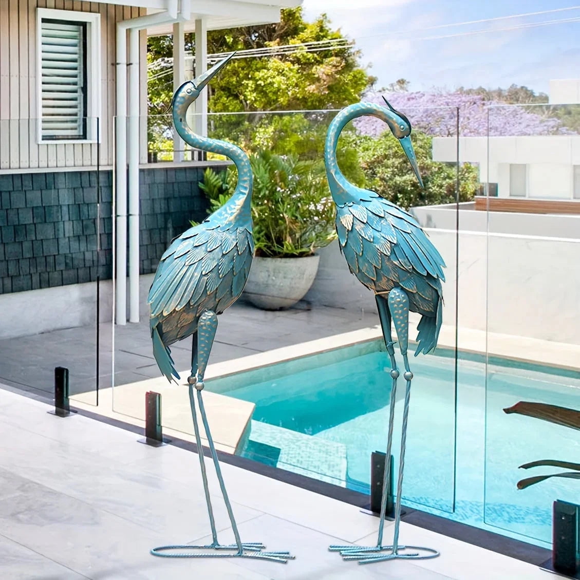 House of Avana Blue Metal Crane Garden Statues Elegant Outdoor Decor