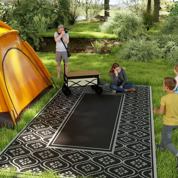 Outsunny Outdoor Patio Rug, Large Camping Carpet with Carrying Bag, 9' x 18' Waterproof Plastic Straw, Reversible, Black & Gray Gourd Border