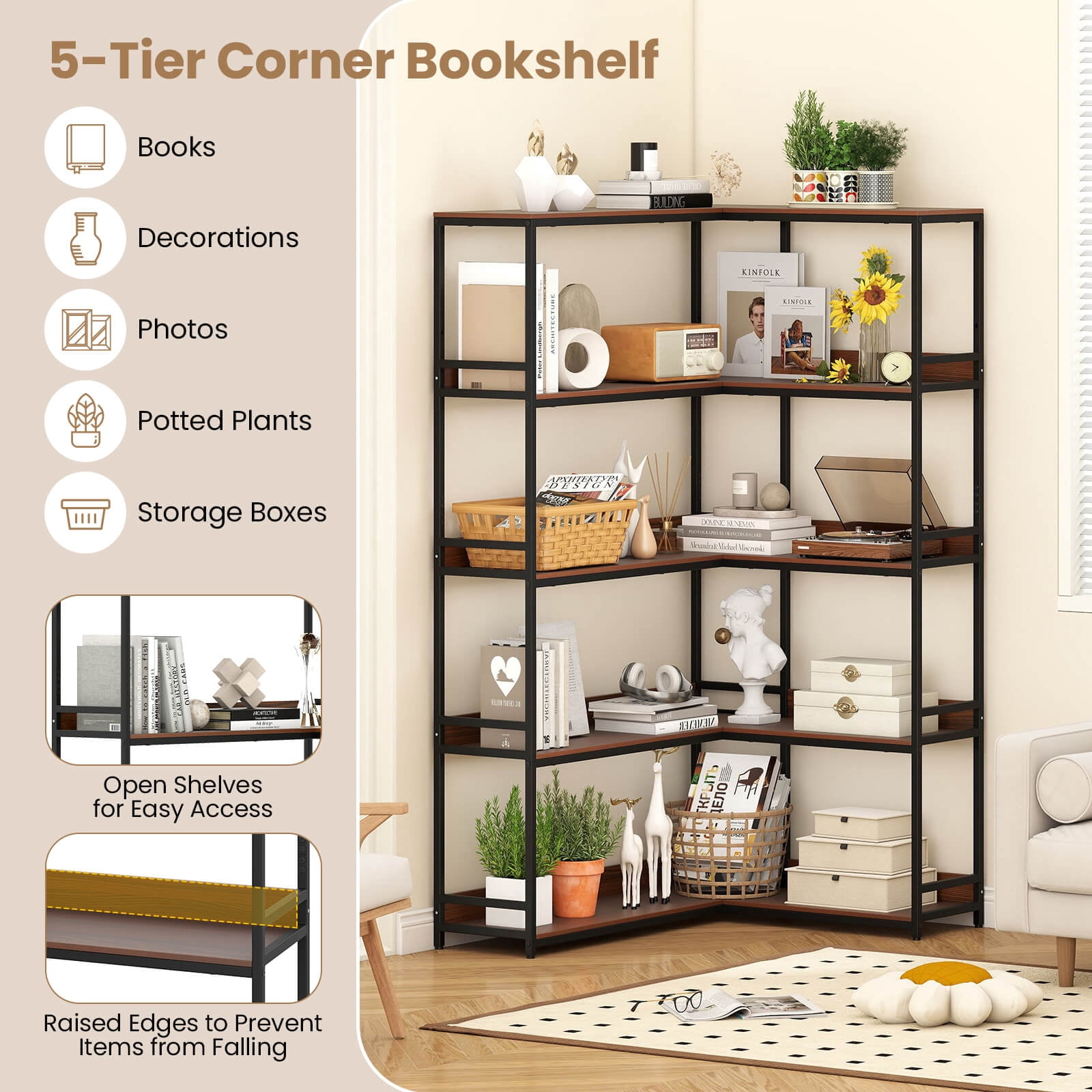 Costway Corner Bookshelf 5-Tier L-Shaped Bookcase 71" Tall Etagere Bookshelf Walnut