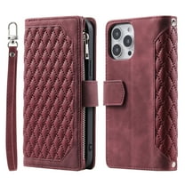 TECH CIRCLE Wallet case for iPhone 13 Pro Max, Argyle Pattern Zipper Leather case with Handstrap Shoulder Strap Kickstand Card Slots Magnetic Shockproof Case For iPhone 13 Pro Max,Winered
