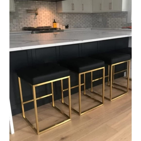 Pipa Modern Stool 26" in Black PU Cushion with Gold Brushed Leg