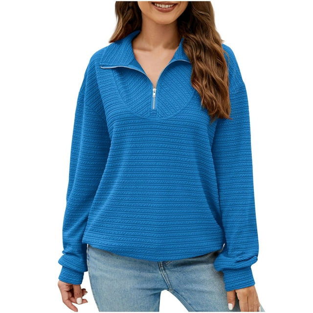 MeetoTime Women's Sweatshirt Fall Casual Textured Long Sleeve Tops 1/4 Quarter Zip Sweatshirt